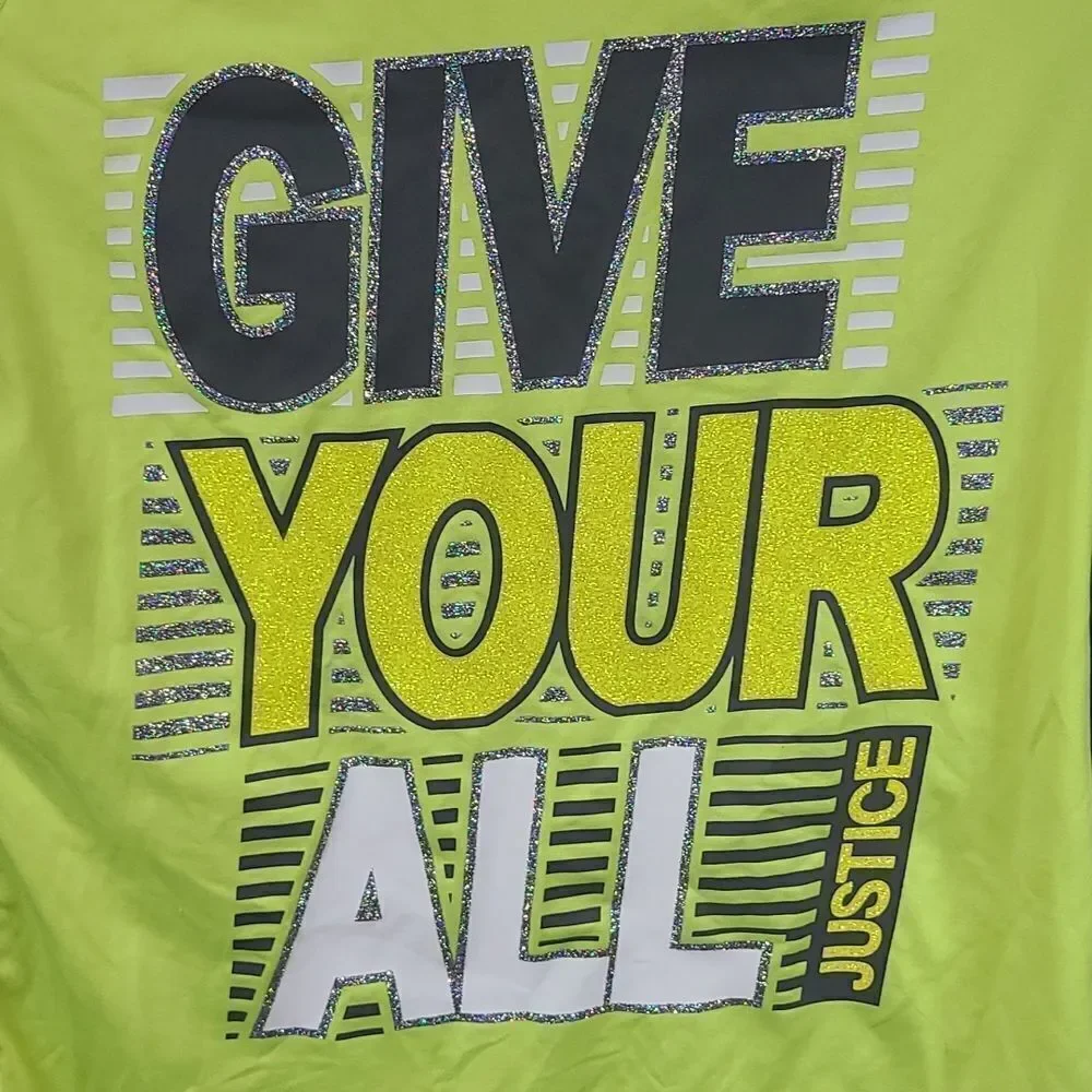 Justice Girls 12 Neon GIVE YOUR ALL Sporty Raglan Athletic Jersey Glitter Shirt
